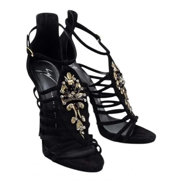 🍸GIUSEPPE ZANOTTI🍸Sexy Black Crystal Embellished T-Bar Sandal Heel - Picture 5 of 12